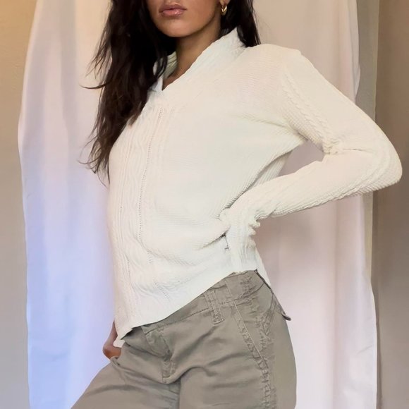 Nautica Cable-knit Cream Cotton Shawl Collar Fisherman Sweater - Picture 1 of 4